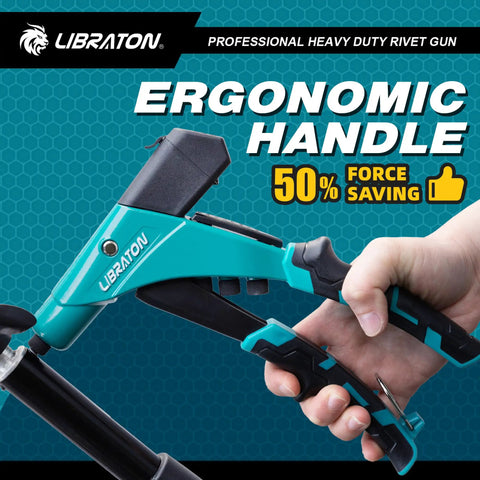 Libraton Heavy Duty Pop Rivet Gun One Handed showing ergonomic handle and TPR coating for reduced effort and better grip.