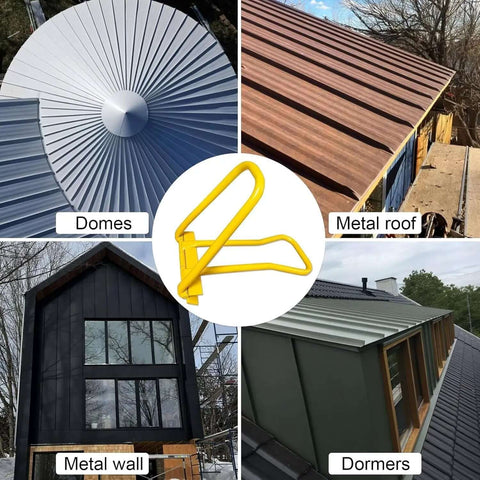Eaves Seam Locker For Standing Seam Metal Roofs HTSL25E2 Edge Folding Tool showcased with various metal roofing and siding types.