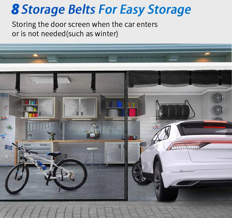 Two Car Garage Door Screen With Magnetic Retractable Fiberglass Mesh showing storage belts and garage interior with bike and car