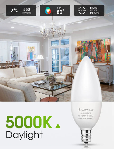 Dimmable Candelabra LED Bulb, 6W 60W Equivalent, Daylight White 5000K, Ideal For Ceiling Fans And Home Office Lighting, UL Listed