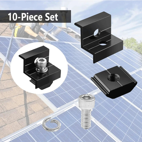 Heavy Duty Solar Panel End Clamps 10 Pack Fits 30 To 35 Millimeter Roof Mounts on roof with various angles showing black aluminum.