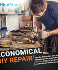 Man using upgraded SEWA20 grinder wrench to repair a power tool in a workshop with various tools on the table.