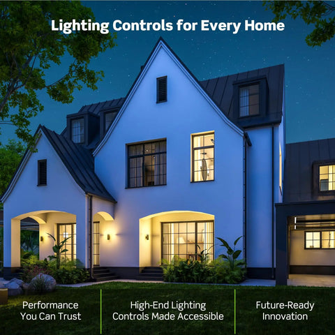 Exterior of a modern home lit at night, showcasing SureSlide LED Dimmer Switch for 150W Dimmable LED Halogen and Incandescent Bulbs and Fixtures White with Smooth Flicker Free Dimming and Set The Vibe From Bright Task Lighting to Soft Ambient Glow.