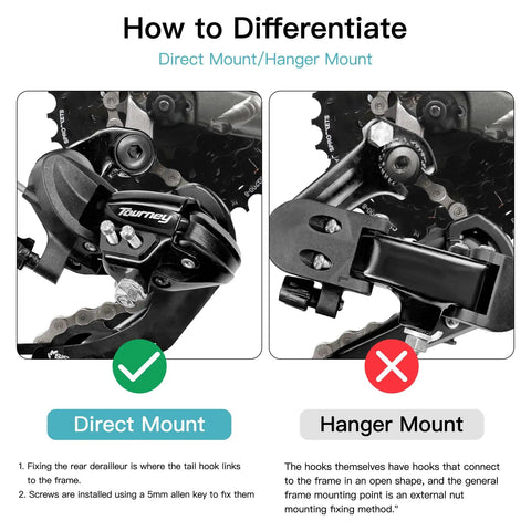 Image comparing direct mount and hanger mount installation for 6/7 Speed Bike Rear Derailleur With Direct Mount For Mountain And Road Bikes RD TY300 Compatible, Smooth Shifting, Wide Capacity 43T Total, Handles 20T Tooth Difference For Steep Climbs And Rough Trails with visual instructions for each method.