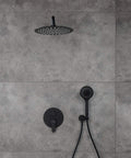Matte Black All In One Shower System Complete Kit With 12 Inch Rainfall Shower Head And 5 Setting Handheld Rough In Valve Body And Trim Included 16.9 Inch Shower Arm And 59 Inch Hose For High Pressure Spa, wall-mounted