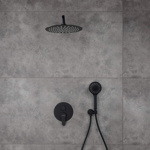Matte Black All In One Shower System Complete Kit With 12 Inch Rainfall Shower Head And 5 Setting Handheld Rough In Valve Body And Trim Included 16.9 Inch Shower Arm And 59 Inch Hose For High Pressure Spa, wall-mounted