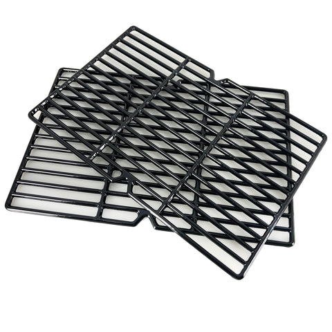 Premium Porcelain Coated Cast Iron Cooking Grates Set Of Two Twelve And Three Eighths By Nineteen And One Quarter Inches stacked over each other.