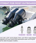 Upgrade Your Boat Routine With This High-Flow Lower Unit Gear Oil Pump For Marine Motors Featuring Swivel Nozzle Plus Adapters To Drain Smarter Faster Not For Volvo Penta Engines, showing outboard motors with adapters.
