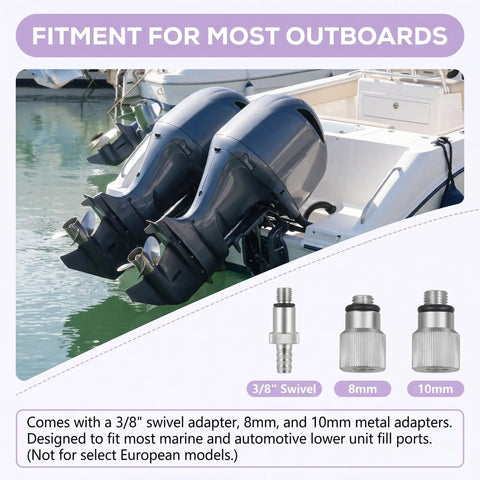 Upgrade Your Boat Routine With This High-Flow Lower Unit Gear Oil Pump For Marine Motors Featuring Swivel Nozzle Plus Adapters To Drain Smarter Faster Not For Volvo Penta Engines, showing outboard motors with adapters.
