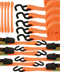 Beefed Up 20 Ft Ratchet Tie Down Straps 6 Pack 1700 Lb Break Strength with Safety Lock S Hooks and Soft Loops, orange straps visible