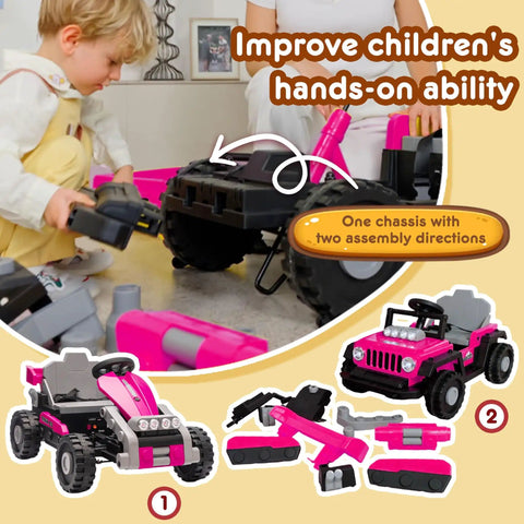 2 In 1 Ride On Truck And Go Kart For Kids, 12V Battery Powered Ride On Car, Building Block Fun, Pink Color with LED Lights