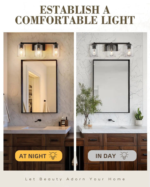 3 Light Vintage Style Vanity Light Fixture for Bathrooms in Oil Rubbed Bronze With Clear Seeded Glass Mid Century Modern Wall Sconce for Bath Vanity Hallway Or Bedroom 24.5 W x 8.7 H