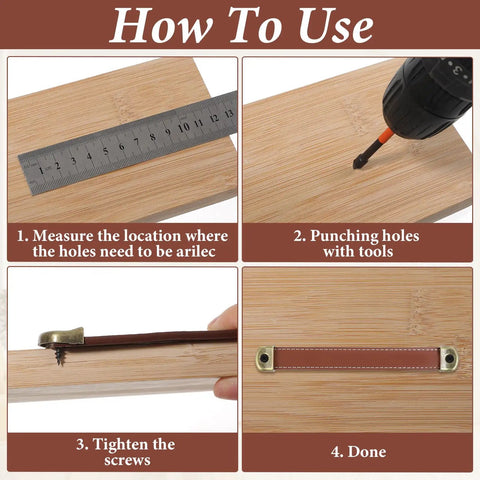 Installation guide for Leather Drawer Pulls Set With Brown PU Leather Straps, showing measurement, drilling, and mounting steps.