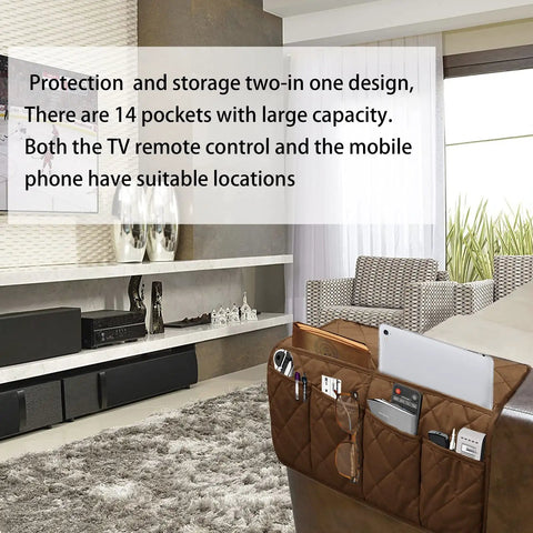 Armchair Caddy With 14 Pockets Waterproof Non Slip Sofa Armrest Organizer in use, holding remotes, phone, and tablet, coffee color.