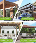 Different pergola styles in various settings: courtyard, parking shed, outdoor garden, tourist attractions.