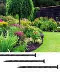 Garden with flowers and lawn, featuring 60 Pcs Landscape Edging Stakes 8 Inch Garden Spikes for Lawn Edging and Path Borders.