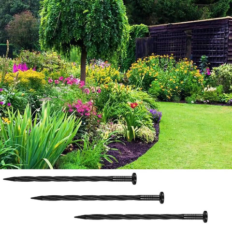 Garden with flowers and lawn, featuring 60 Pcs Landscape Edging Stakes 8 Inch Garden Spikes for Lawn Edging and Path Borders.