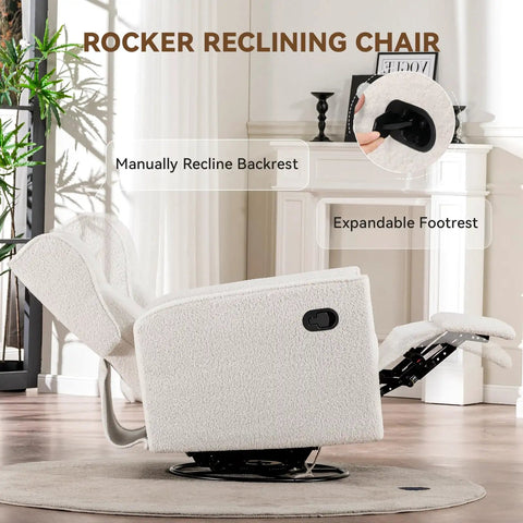 Comfy Teddy Upholstered Nursery Rocking Chair With Swivel Rocker Recliner And Manual Glider in beige with manual recline and footrest