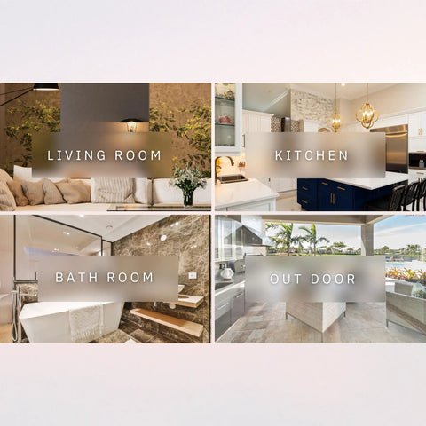Living room, kitchen, bathroom, and outdoor area shown as suitable spaces for Trimless 2 Inch Gimbal Round LED Downlight Luminaire.