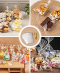 Clear Cellophane Bags 4x6 Inch, 100 Pack With Color Twist Ties For Cookies Candy Popcorn Small Gifts Party Favors displayed with treats