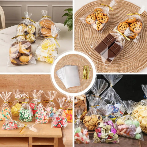 Clear Cellophane Bags 4x6 Inch, 100 Pack With Color Twist Ties For Cookies Candy Popcorn Small Gifts Party Favors displayed with treats