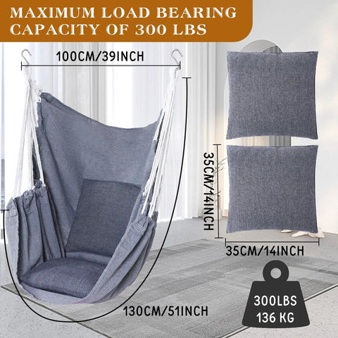 Two Piece Hammock Chair Set With Cushions For Indoor Outdoor Use Large Hanging Rope Swing Seats Gray Supports Up To 300 Lbs