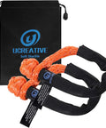 Two Pack Set Synthetic Soft Shackles Half Inch By Twenty Two Inch With Extra Sleeves Orange For Boating Off Road Recovery And Camping 56,000 Lbs Breaking Strength, shown with storage bag.