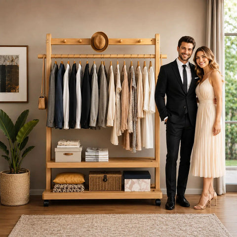 Heavy Duty Bamboo Rolling Clothing Rack With Wheels And Storage Shelves Hella Sturdy Garment Stand Featuring Five Durable Hooks For Versatile Decor