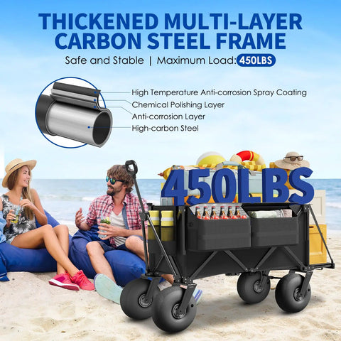 Heavy Duty Beach Wagon With 9 Inch All-Terrain Wheels, Collapsible Cart for Sand and Surf with beach gear and drinks