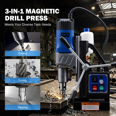 Zelcan 1550W Magnetic Drill Press With 2 Inch Boring Dia And 11 Core Bits features drilling and coring with powerful magnet and stepless speed control.