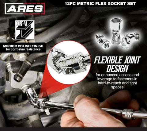 12 Piece One Quarter Inch Drive Metric Flex Socket Set With 6 Point Sockets From 5mm To 15mm Built Tough From Premium Heat Treated Steel