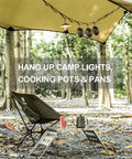 Camping scene with Heavy Duty Camping Lanyard Ten Feet With 19 Loops Daisy Chain Gear Hanger suspending cookware and lanterns.