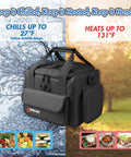 Portable Thermoelectric Cooler Warmer Bag 14 Liters displayed with chill and heat temps, ideal for outdoor use and food storage.