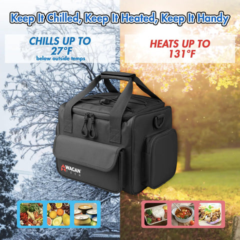 Portable Thermoelectric Cooler Warmer Bag 14 Liters displayed with chill and heat temps, ideal for outdoor use and food storage.