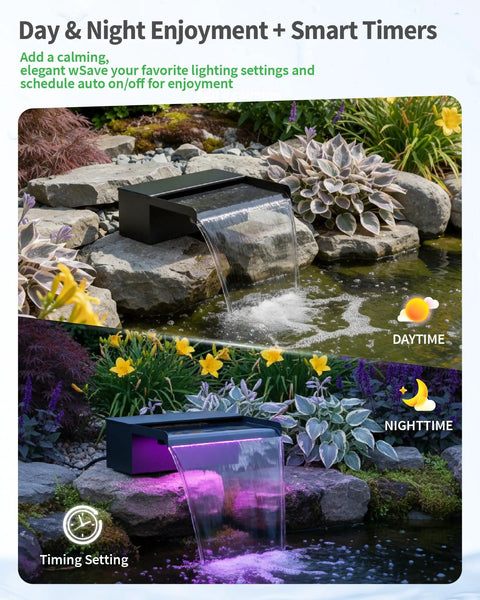 8 Inch Pond Waterfall Spillway With RGB LED Lights And 660 GPH Pond Pump in day and night setting, backyard landscape