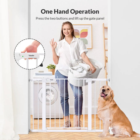 Woman demonstrating Auto Close Baby Gate For Stairs And Doorways With Walk Through Access Extra Tall 30.5 Inch Gate with pet dog nearby.
