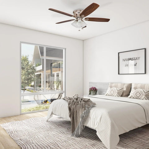 Bedroom featuring Glen Alden 52 Inch Classic Dope Flush Mount Indoor LED Ceiling Fan With Light Kit, brushed nickel, dark wood blades