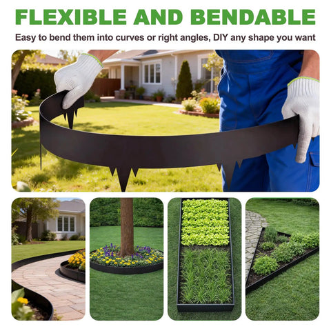Person bending Heavy Duty Metal Landscape Edging Kit 33 Ft Total With 40 In By 6.5 In Steel Border 10 Stakes Pro Grade Rustproof