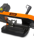 Side view of Workhorse Benchtop Metal Band Saw with Variable Speed 125 to 260 FPM, bevel cutting 0 to 60 degrees, compact black design.