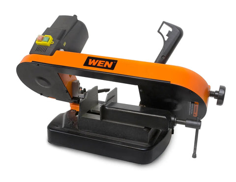 Side view of Workhorse Benchtop Metal Band Saw with Variable Speed 125 to 260 FPM, bevel cutting 0 to 60 degrees, compact black design.
