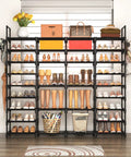 Front view of Beefy 9 Tier Shoe Rack Organizer For Entryway, Closet Or Garage, holds multiple shoes on steel frame with hooks