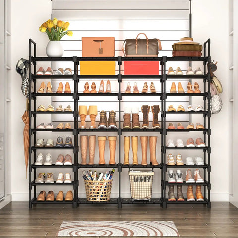 Front view of Beefy 9 Tier Shoe Rack Organizer For Entryway, Closet Or Garage, holds multiple shoes on steel frame with hooks
