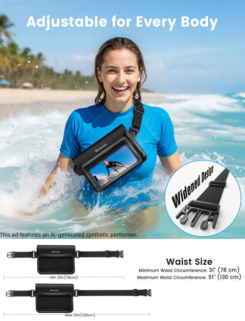 Woman wearing Triple Seal IPX8 Waterproof Fanny Pack With Touch Screen Dry Bag while in the ocean.