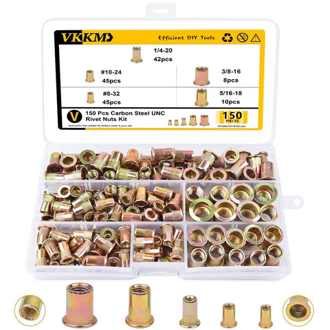 Heavy Duty Carbon Steel Rivet Nuts Kit, 150-Piece Assortment With Zinc Plated Finish, Includes Sizes organizer case
