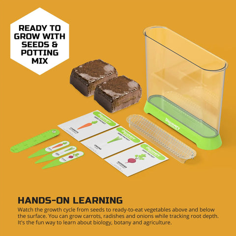 Edible Veggie Garden Watch It Grow Kit For Kids with potting mix, seeds, and clear container for carrots, radishes, onions.