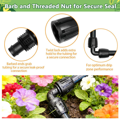 Half Inch Drip Irrigation Elbow Fittings 13 Pack Barbed Elbow Connectors in garden setup with anti drop lock nut
