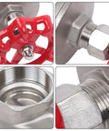 Close-up of Stainless Steel Gate Valve DN50 2 Inch NPT Full Port Industrial Grade, focusing on red handle and threaded connections.