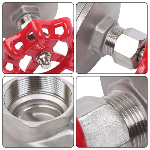 Close-up of Stainless Steel Gate Valve DN50 2 Inch NPT Full Port Industrial Grade, focusing on red handle and threaded connections.