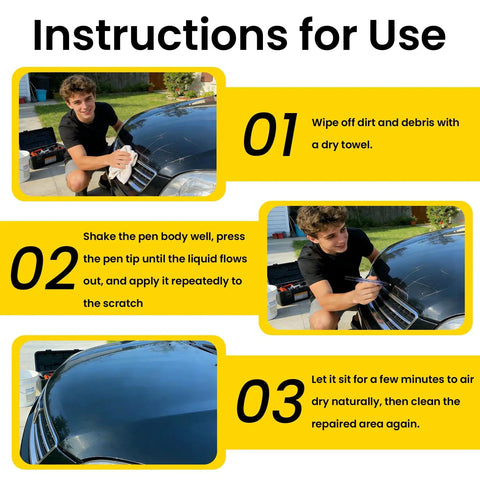Instructions showing how to use the Scratch Remover Pen For Cars, Magic Car Scratch Repair Pen That Works On All Colors, Easy DIY Paint Repair Kit