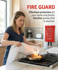 Woman using a Heavy Duty Fiberglass Emergency Fire Blanket to smother a grease fire on a kitchen stove.